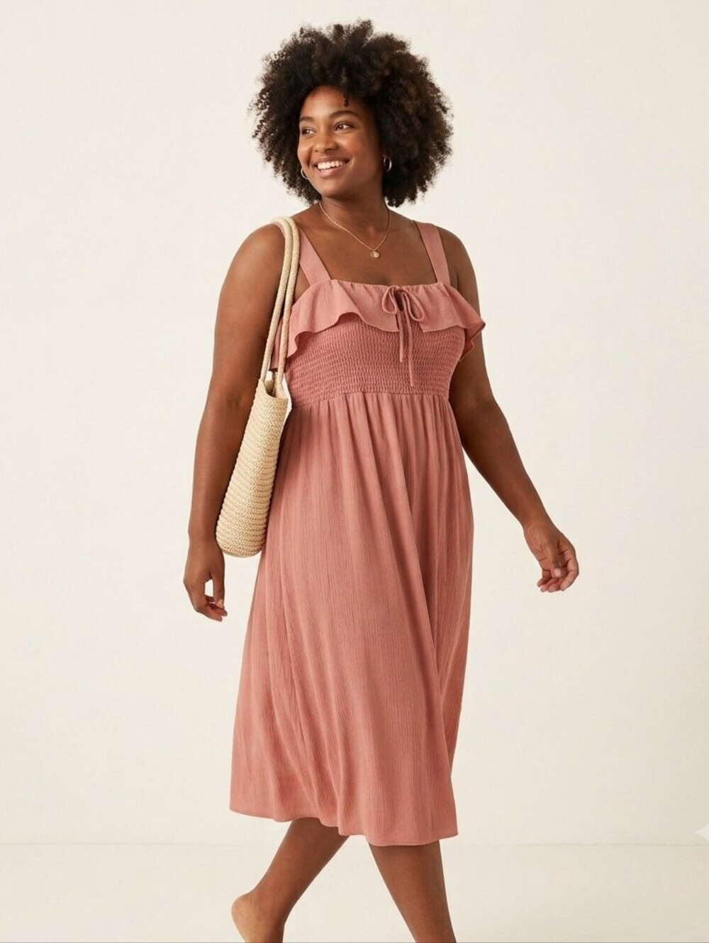 Zara Smocked Ruffle Midi Dress XXL Pink Cottagecore Boho